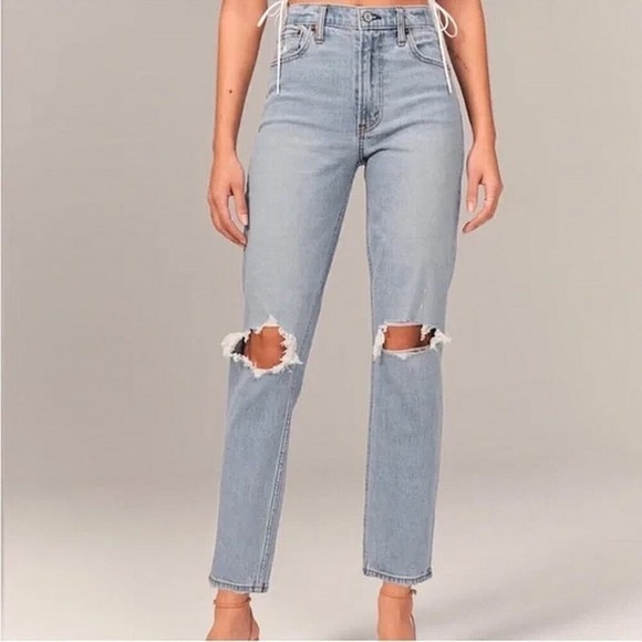 Abercrombie & Fitch The Mom High Rise Jeans Blue Distressed Size 28 Women’s - Picture 1 of 7